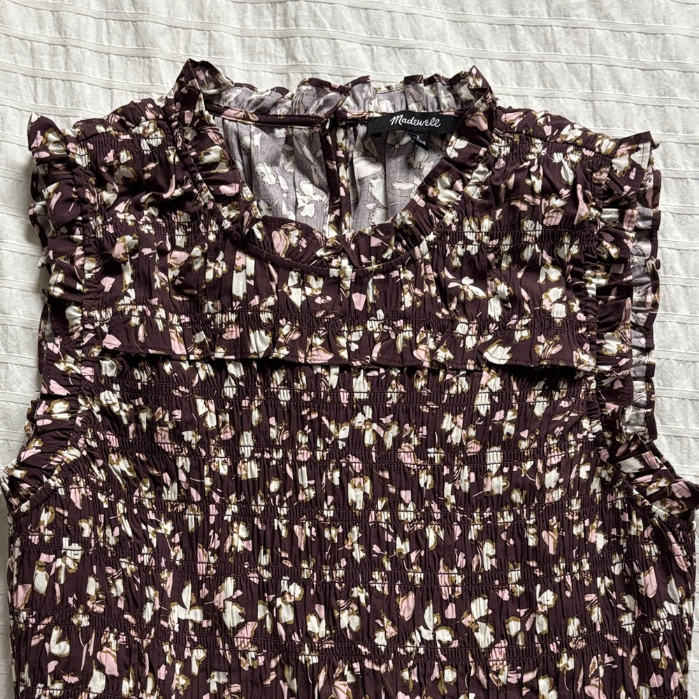 Madewell Smocked Sleeveless Midi Dress - Brown with Pink & Cream Floral